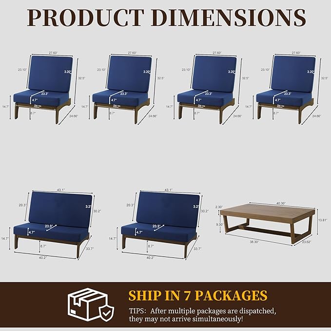 UIXE 7 Pieces Wood Patio Furniture Sets, 2 Patio Loveseat, 4 Patio Bistro Chair, All Weather Outdoor Sectional Sofa Furniture Backyard Conversation Set with Coffee Table - Navy
