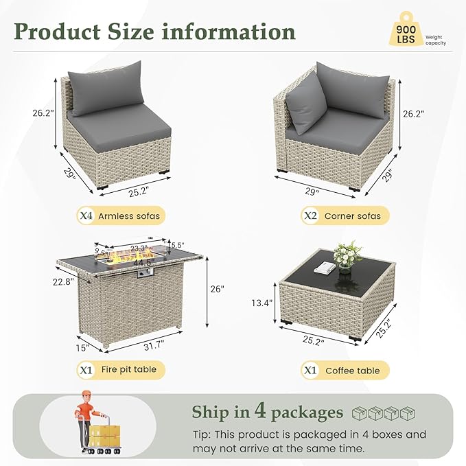 UDPATIO Patio Furniture Set with Fire Pit Table, 8 Pieces Outdoor Sectional Sofa, PE Wicker Patio Conversation Set for Garden, Backyard Grey