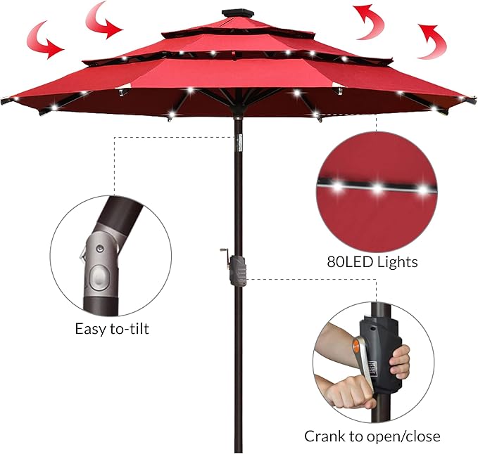 EliteShade USA 10-Year-Non-Fading 9ft 3-Tier Market Patio Umbrella, Commercial Table Umbrella with 80 Solar LED Lights, Crank Open, Windproof & UPF 50+ UV Protection for Garden, Deck, Pool, Backyard, Logo Red
