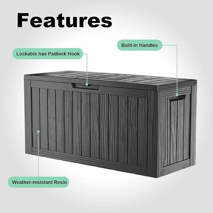 ROJIK 85 Gallon Deck Box Outdoor, Waterproof Outdoor Storage Boxes with Lids, Outside Resin Lockable Storage Box for Patio Cushions, Garden Tools(Black)