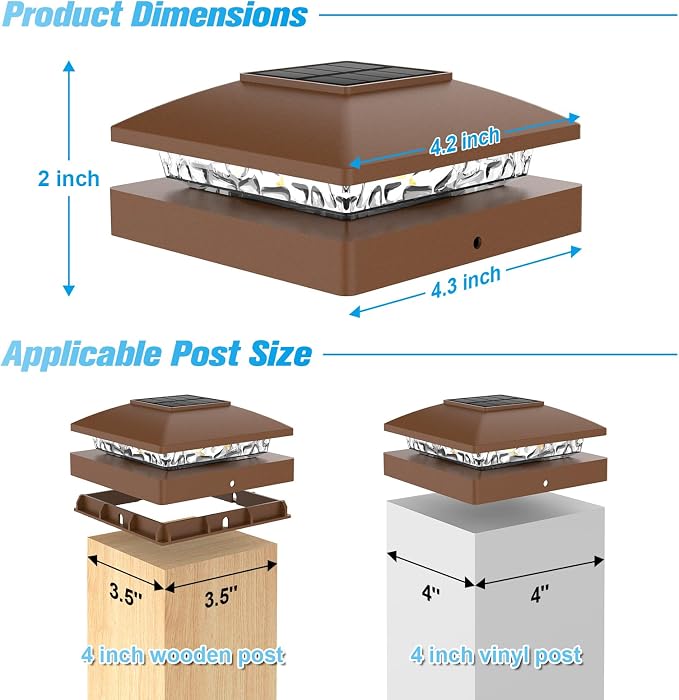 VOLISUN 4x4 Solar Post Cap Light 12pack,Solar Fence - Post Lights Brown Outdoor Waterproof for Wooden/Vinyl Post, with Warm White for Deck