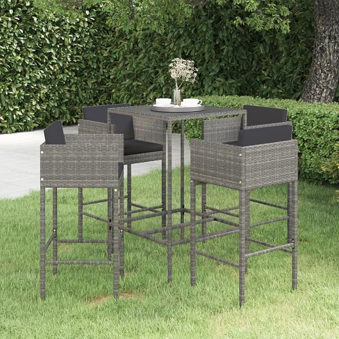 Patio Bar Set with Cushions,Outdoor Table and Chairs Set,Terrace Conversation Set Furniture,Outdoor Furniture,for Garden,Backyard,5 Piece Poly Rattan Gray