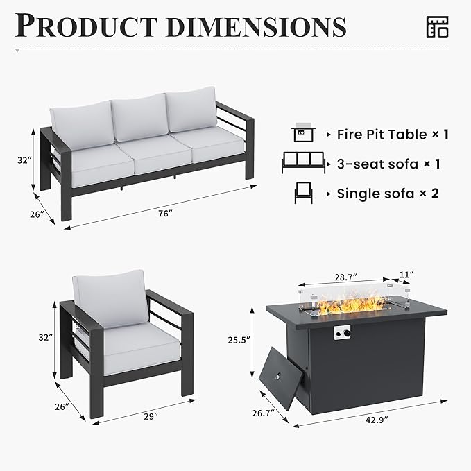 Aluminum Patio Furniture with Fire Pit Table, 6 Piece Outdoor Set, Waterproof Covers for Backyard Garden (Dark Grey & Light Grey)