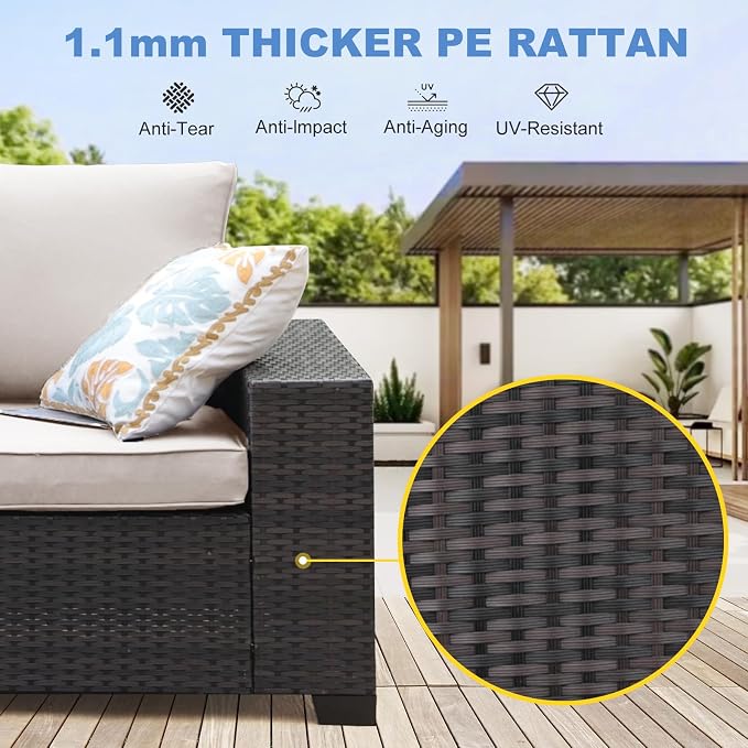Patio Furniture Set, 8 Pieces Outdoor Couch Sofa with Wider Armrests & Glass Coffee Table, Outdoor Sectional Furniture with Thick Cushions for Party, Poolside,Garden-Beige