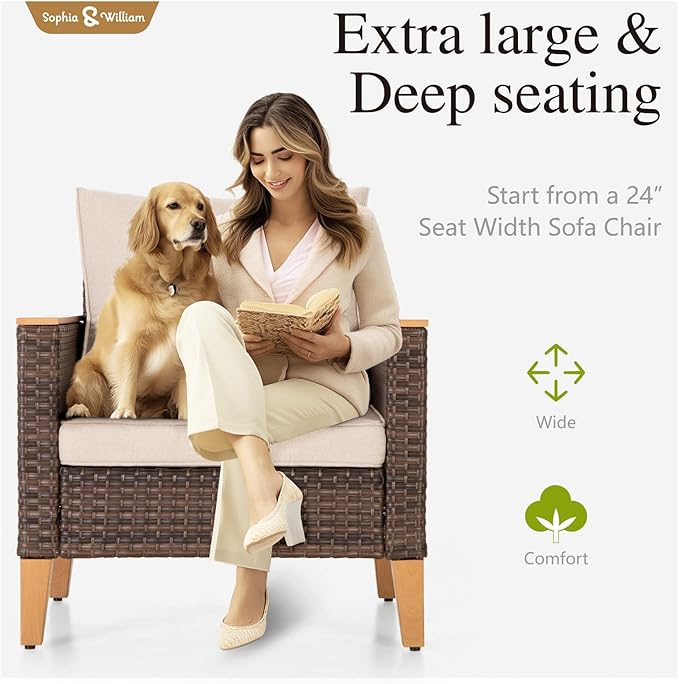 Sophia & William Patio Furniture Set with Fire Pit Table, 9 Piece Half Moon Outdoor Wicker Sectional Sofa Set, Rattan Conversation Set with 56-Inch Fire Pit Table for Backyard, Deck, Pool(Beige)