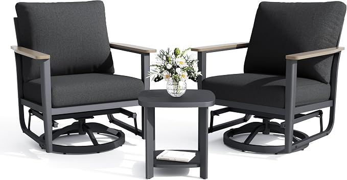 Aluminum Swivel Rocking Chairs, 3-Piece Outdoor Patio Furniture Set with Side Table, Rust-Proof Metal Gliders with Wood-Like Armrests & 5.1" Thick Cushions for Backyard, Porch, Black