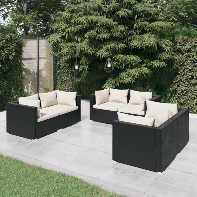 6 Piece Patio Lounge Set with Cushion, Furniture Conversation Sets Piece Patio Set Outdoor Patio Sectional Patio Lounge Set s Poly Rattan Black