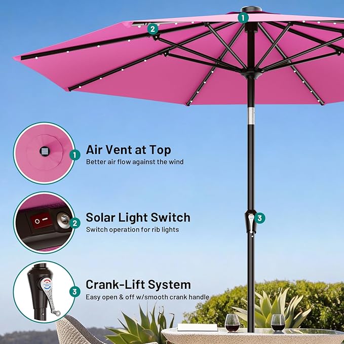 AreShark 9FT Patio Umbrella with Solar Lights, 32 Lighted Pool Umbrella w/Tilt and Crank, Outdoor Market Solar Umbrellas for Garden, Deck, Backyard, Pool and Beach, Rose Pink