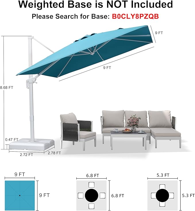 PURPLE LEAF 9 FT Patio Umbrella White Cantilever Umbrella Aluminum Square Outdoor Offset Umbrella Hanging Windproof with 360° Rotation for Garden Deck Pool, Turquoise