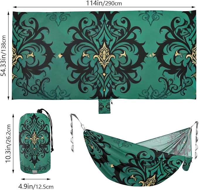 Teal Damask Outdoor Hammocks with Tree Straps Cloth Hammock for Camping Travel Accessories