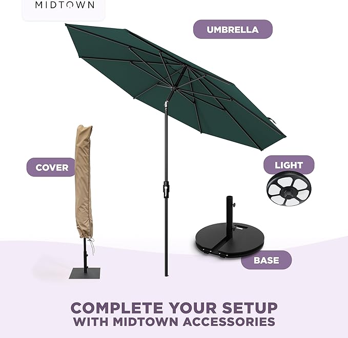 Midtown Umbrellas – The Swilt 10 Ft Patio Umbrellas with 360° Swivel & Tilt Mechanism, 8 Fiberglass Ribs & Terylast Polyester Fabric for Backyard, Deck, Pool & Cafes - Forest Canopy, Black Pole