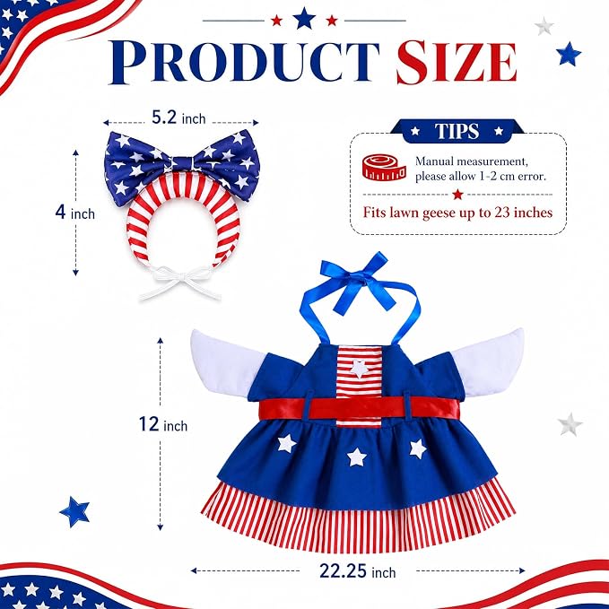 Patriotic Porch Goose Outfit 23 Inch - American Flag Goose Clothes for Lawn Statue, Red White Blue Costume for Memorial Day Veterans Day Decor, Outdoor Garden Patio Yard Decoration