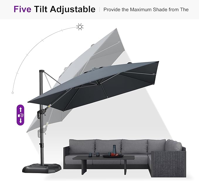 PURPLE LEAF 10'×10' Patio Umbrella with Base and Cover Outdoor Large Cantilever Umbrella Windproof Offset Heavy Duty Sun Umbrella for Garden Deck Pool Patio Grey