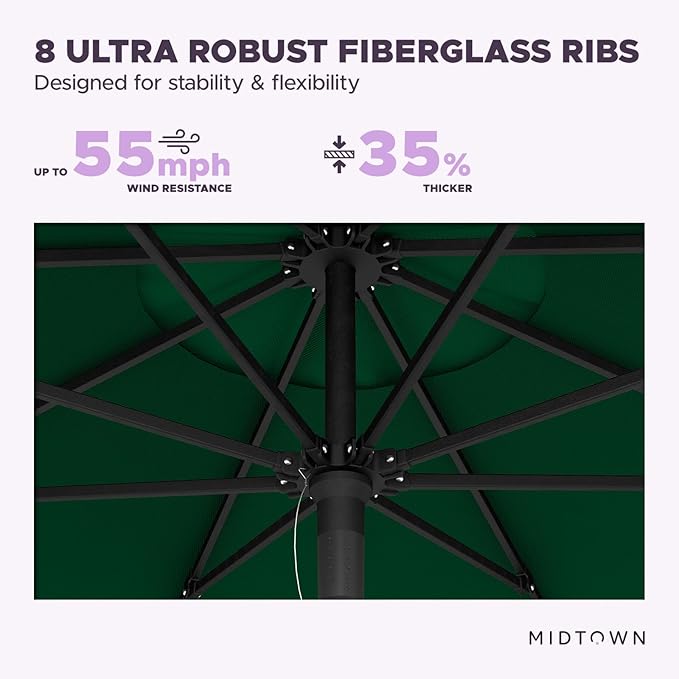 Midtown Umbrellas Push & Pop 9 Ft Patio Umbrellas with Push & Pop Mechanism, Fiberglass Ribs & Sunbrella Fabric – Outdoor Umbrella for Deck, Pool, Cafés and Hotels – Forest Green Canopy, Black Pole
