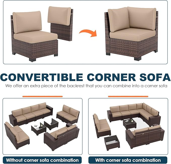 Patio Furniture Set, 12 Pieces Outdoor Sectional Sofa Conversation Sets with Waterproof Cover Modern Wicker Seating Set, 4'' Thickened Cushions & 2 Glass Coffee Table, Beige