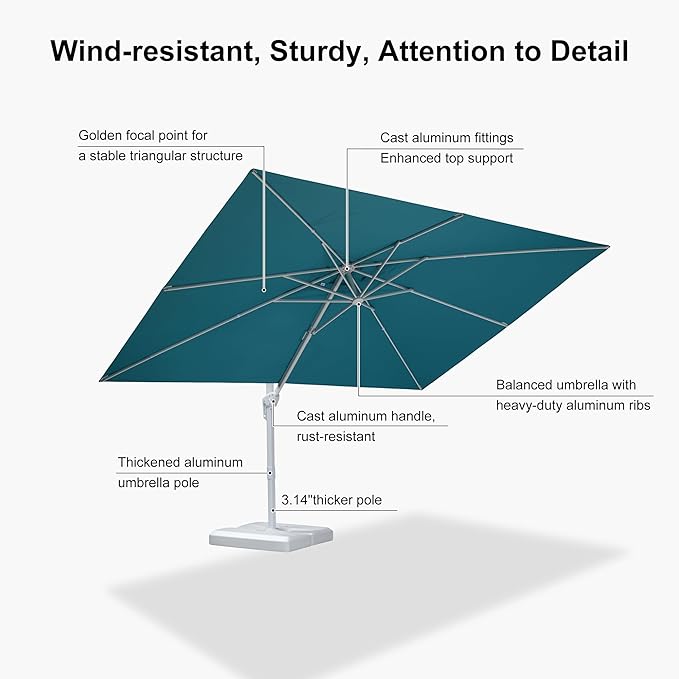 PURPLE LEAF 9' × 11.5' White Patio Umbrella Cantilever Outdoor Umbrella Aluminum Offset Square Umbrella Windproof with 360° Rotation for Deck Pool Garden, Turquoise