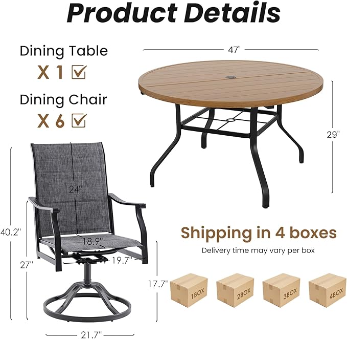 Soohow 7-Piece Outdoor Dining Set, Round Patio Dining Table and Chairs Set for 6, 6 x Swivel Patio Chairs and 47" Dining Table with 1.57" Umbrella Hole, Wood-Like, Ideal for Poolside, Backyard, Deck