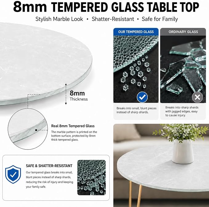 30" Round Tempered Glass Table Top, 5/16" (8mm) Thick, Marble Pattern Replacement, Heavy-Duty, Heat & Scratch Resistant for Coffee, Dining & Patio Tables, Gray
