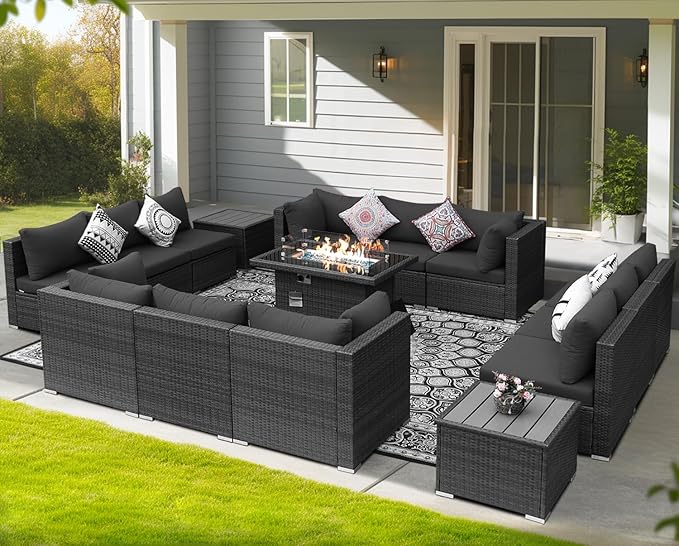 NICESOUL 15 Piece Outdoor Patio Furniture Set with Fire Pit, Extra Large Wide Outdoor Deep Seated Sectional, Cozy 29.3'' High-Back Modular Couch, 500 Lbs High Weight Capacity Wicker Sofa, Dark Gray