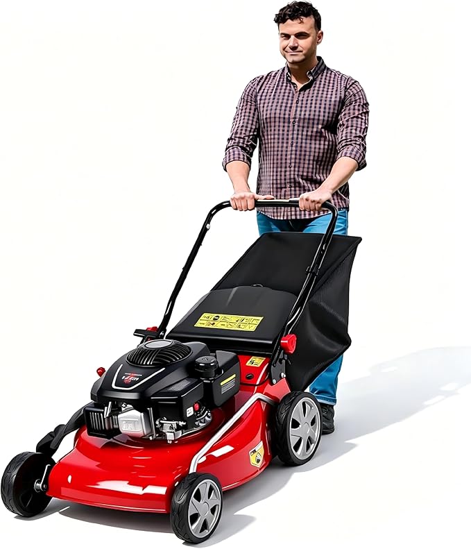 Lawn Mower Gas Powered Self Propelled with 50L Grass Bag Big Wheels 131cc Gas Engine 3 in 1 Mulch Bag Side Discharge Rear Wheel Drive for Hills Uneven Red