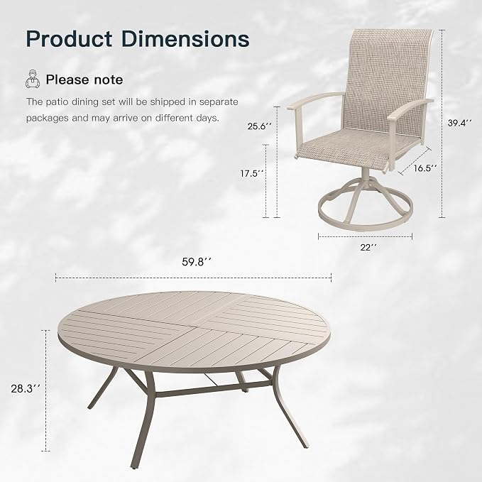 VICLLAX 9 Pieces Patio Outdoor Dining Set, 8 Swivel Textilene Chairs and 60" Round Metal Table with Umbrella Hole for Porch, Deck, Garden, Sandshell