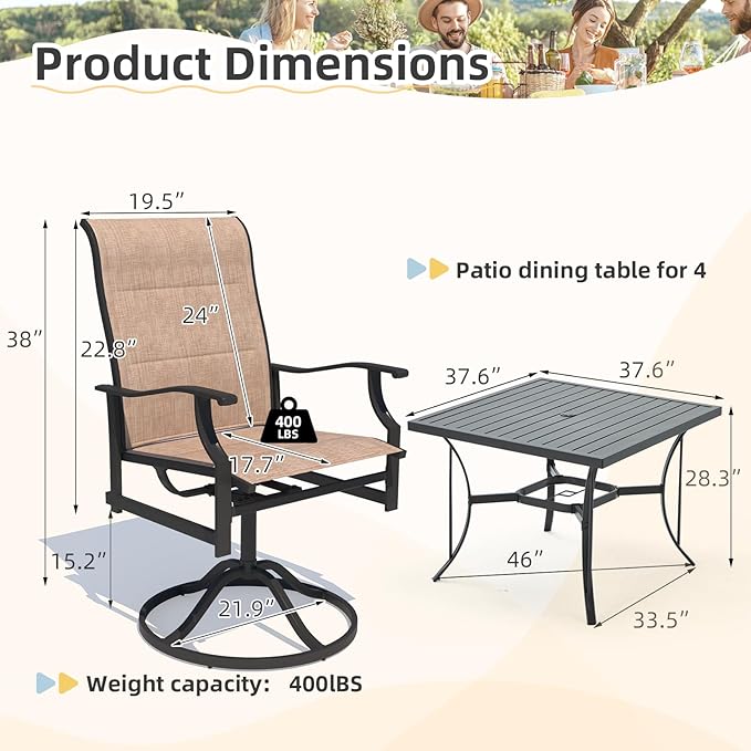 BUPPLEE Outdoor Patio Dining Set with 6 Swivel Chairs, Metal Table with Umbrella Hole, 7-Piece Patio Table and Chairs for Backyard, Poolside, Balcony and Garden (Brown)