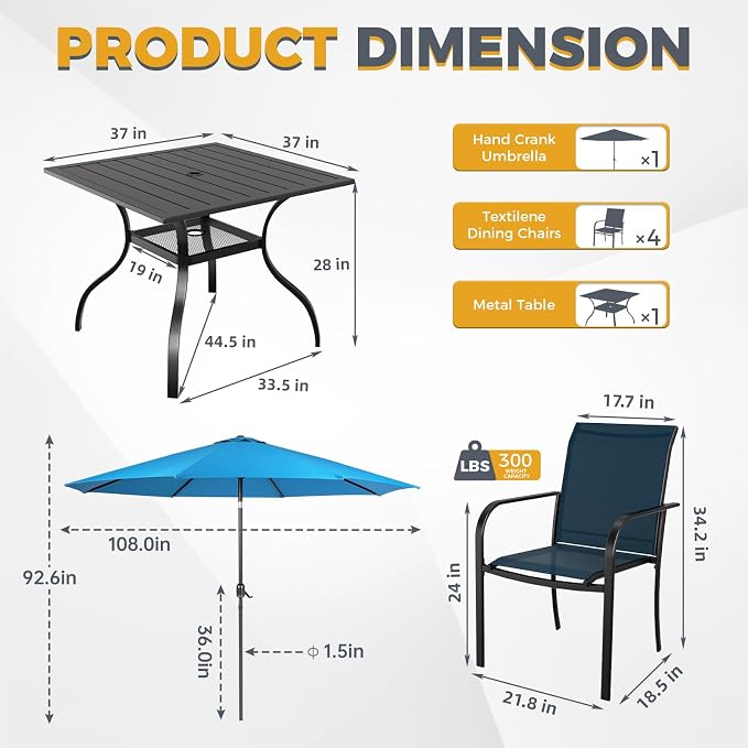 Incbruce 6 Pieces Paito Dining Set with Sky Blue Umbrella, Outdoor Metal Dining Set of 4 Textilene Chairs and Square Table with Umbrella Hole for Garden, Porch and Backyard (Blue)