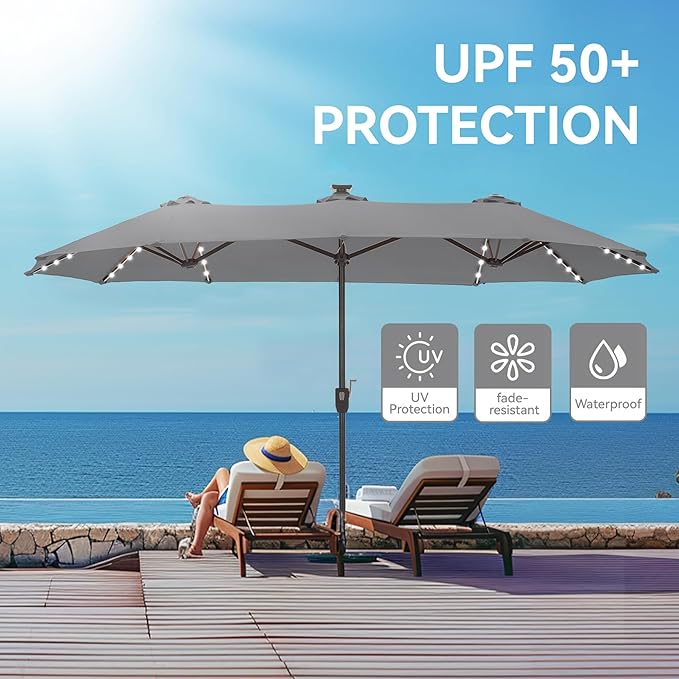 GREEN PARTY 13ft Outdoor Patio Umbrella with Solar Lights, 120 LED 12-Mode Large Double Sided Rectangular Table Umbrella, Heavy Duty Triple-Head Shade for Backyard Deck & Poolside, Gray(No Base)