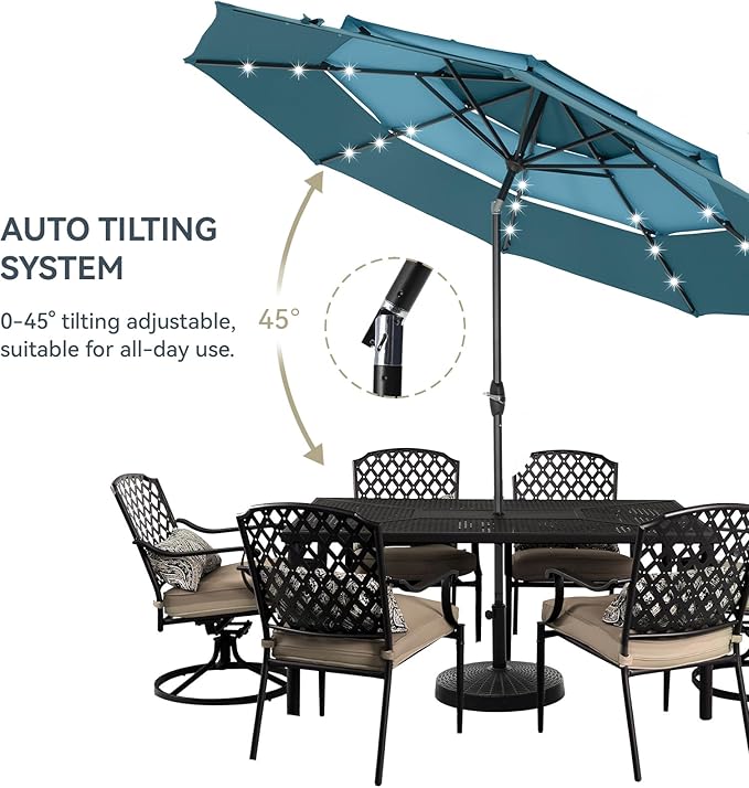 GREEN PARTY 10ft Patio Umbrella with Solar Lights, Auto-Tilt Lighted Market Table Umbrellas with Crank, 8 Sturdy Ribs & 1.5" Pole outdoor umbrellas for Patio Garden Deck Backyard Pool, Blue & Cerulean