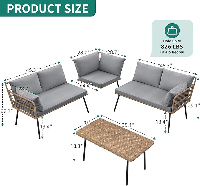 YITAHOME 4 Pieces Sectional Sofa Couch, L-Shaped Sofa with 5 Seater for Living Room, Detachable Lounger with Thickness Cushions and Side Table - Grey