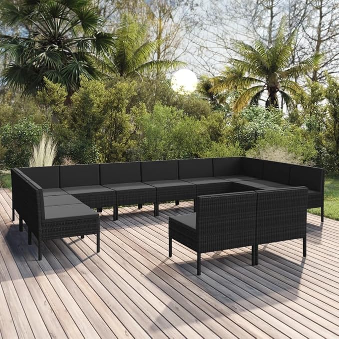 12 Piece Patio Lounge Set with Cushions,Patio Sofa,Outdoor Daybed,Outdoor Furniture Sets,Patio Seating,Patio Conversation Sets,Modern Set,Patio Furniture Set,Front Porch Furniture,Poly Rattan Black