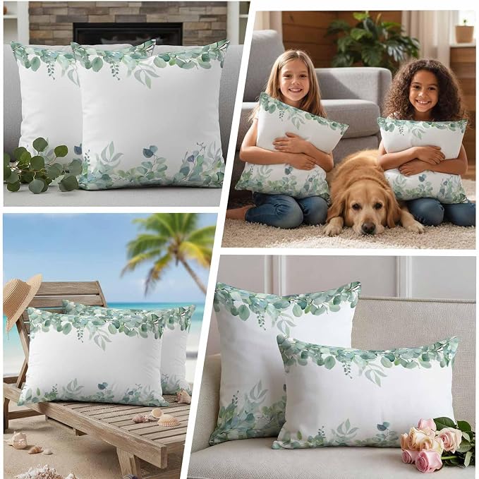 Spring Green Leaf Outdoor Waterproof Throw Pillow Covers Set of 2, 20"x20", Eucalyptus Leaves Watercolor Plants Decorative Pillow Covers Outside Cushion Case for Patio Porch Garden