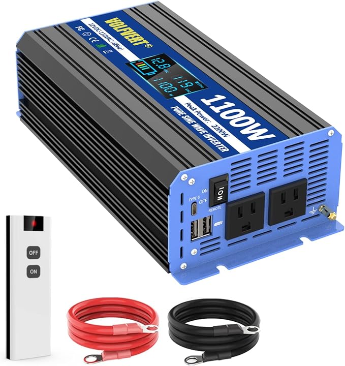 1100 Watt Pure Sine Wave Inverter, 12V DC to 110V 120V AC Converter with Two AC Outlets, USB Ports, Type-C ports, Remote Controller, LCD Display, Power Inverter 1100W for Home RV Off-Grid Solar System