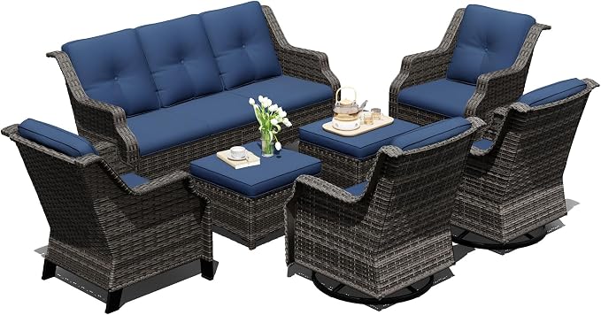 Outdoor Patio Furniture Set, 7 Piece Wicker Patio Furniture with Thick Cushions, Curved Armrest, Deep Seating, Outdoor Swivel Rocker Chairs for Porch, Deck, Balcony