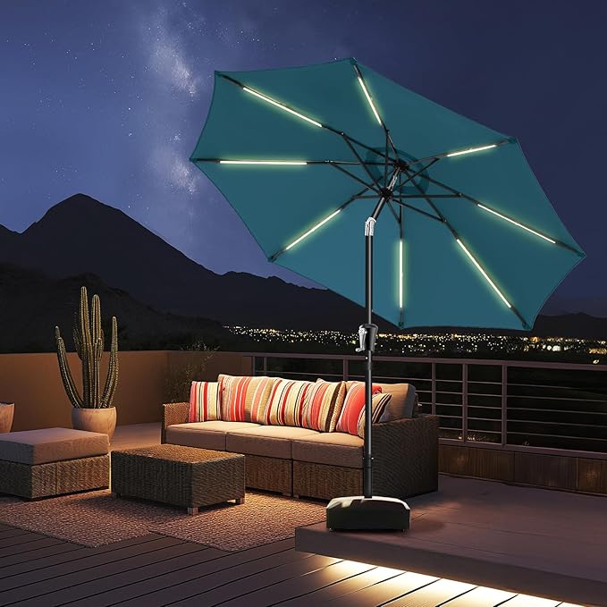 HOMSHADE 9ft Solar Patio Umbrella - Solar Lights LED Lighted UPF50+ UV Protection Umbrella, Outdoor Market Table Umbrella with Push Button Tilt, Crank for Pool Deck and Garden (Peacock Blue)