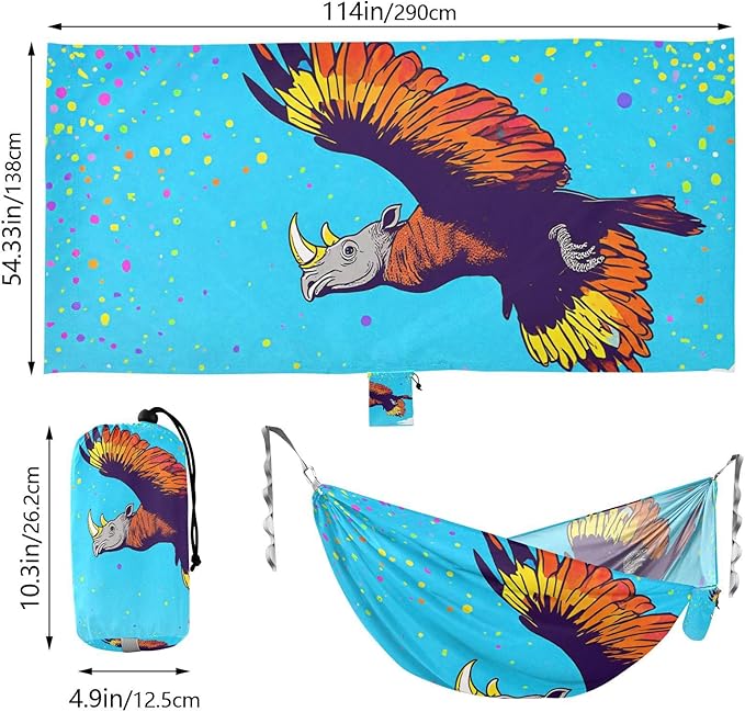 FUUNY Abstract Rhino Bird Colorful 330lb Capacity Hammocks with Hanging Rope Tree Hammock for Outside Patio Backyard Poolside hamaca inflable para Piscina