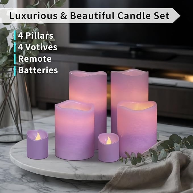 FURORA LIGHTING Purple Real Wax Flameless Candles with Remote and Timer, 4 Pillars and 4 Votives Pack of 8, LED Flickering Candles for Home Décor, Battery Included