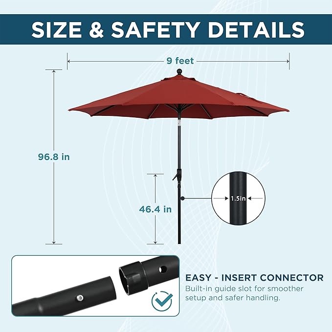 9FT Outdoor Patio Umbrella with Crank Lift & Auto Tilt - Market Umbrella, 8 Heavy-Duty Ribs, UV Resistant & Water-Repellent for Garden, Deck, Poolside & Backyard