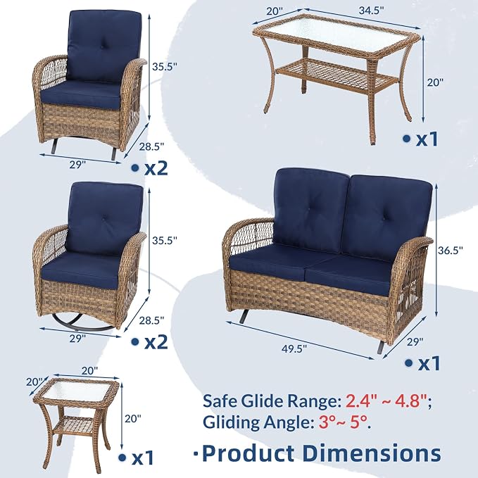 7-Piece Wicker Patio Furniture Sets Outdoor All-Weather Rattan Conversation Set Includes Glider Loveseat, 2 Glass-Top Coffee Tables, 2 Swivel-Gliders Chairs for Porch Backyard, Navy Blue