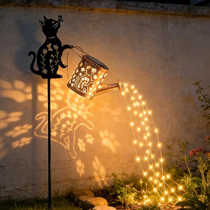 Solar Watering Can with Lights, Featuring Metal Cat Silhouette Garden Ornament Festive Gift for Women, Waterproof Outdoor Decor for Backyard Paths and Lawn