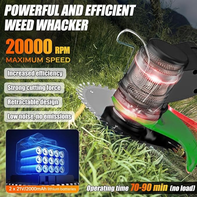 Cordless Weed Wacker Eater Battery Powered, Portable Grass Trimmer/Lawn Edger/Mower/Brush Cutter with 2 Li-Ion Battery for Lawn Garden Pruning/Trimming