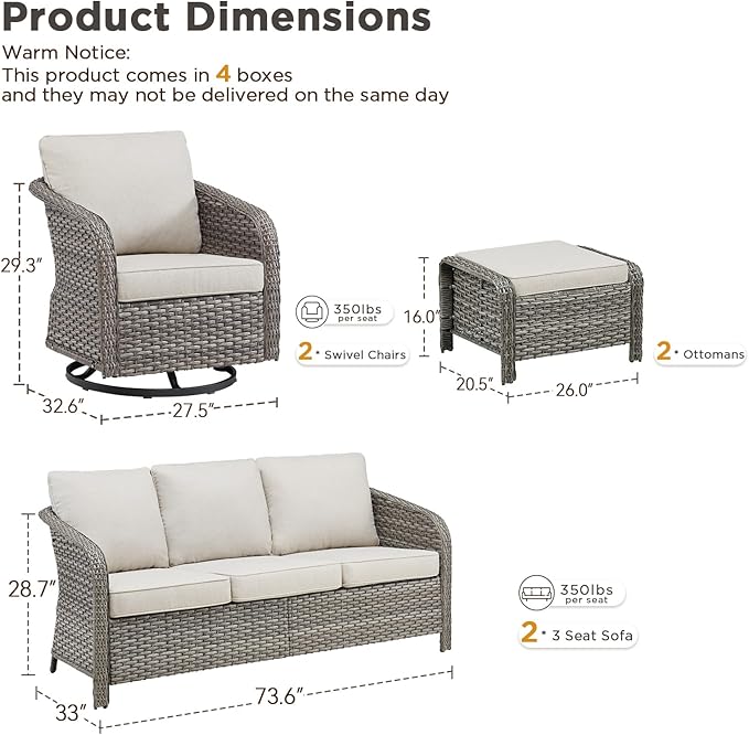 Belord 6 Pieces Patio Furniture Sets - All Weather Outdoor Swivel Rocker Patio Chairs with 3-Seat Sofa and Multifunctional Ottomans, Swivel Rocker Chairs for Garden Porch Deck Grey/Beige