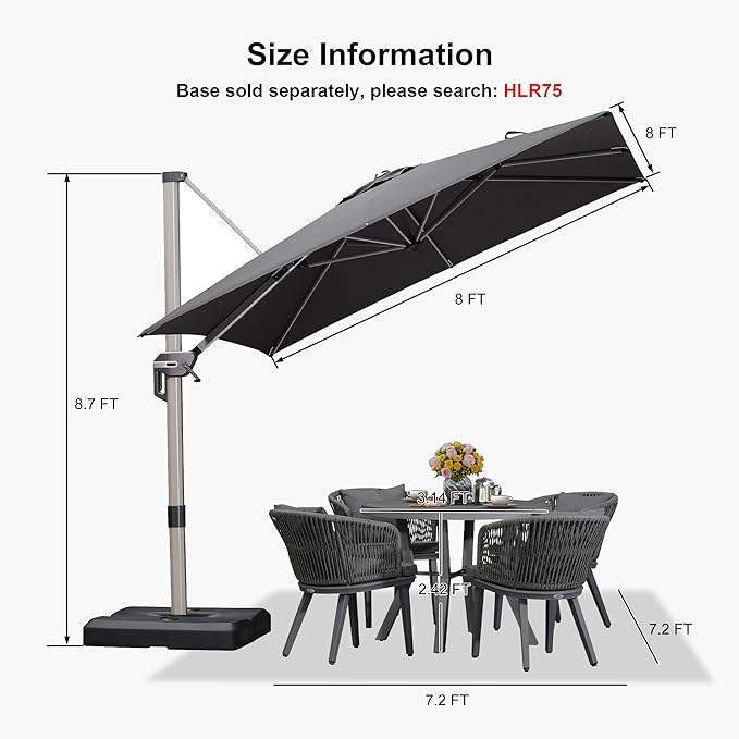 PURPLE LEAF 8’ X 8‘ Patio Umbrella Outdoor Cantilever Umbrella, Aluminum Offset Umbrella with Champagne Frame and 360° Rotation for Pool Deck Garden, Grey