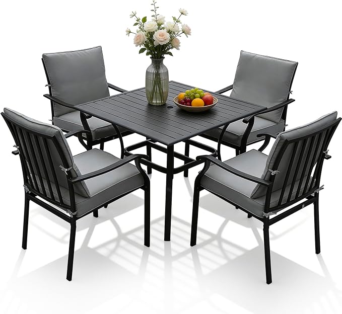 LVUYOYO 5-Piece Outdoor Patio Dining Set, Metal Stackable Chairs & Square Table Set, All-Weather Furniture for Backyard, Garden,Balcony,Porch (Gray)