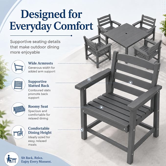 HDPE Outdoor Dining Set for 6, Modular Tables & 6 Armchairs | • Expandable 2-Table Combo • Dual 2" Umbrella Openings • 410 lbs High Weight Limit • All-Weather Polywood