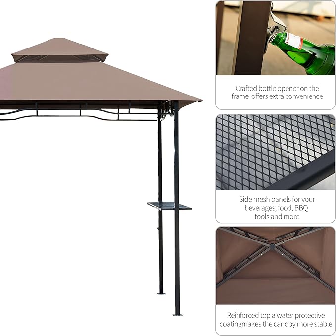 Outsunny 8' x 5' Grill Gazebo with Double Roof, Outdoor BBQ Gazebo with 2 Side Shelves, Steel Grill Tent Canopy for Patio Yard Garden, Coffee