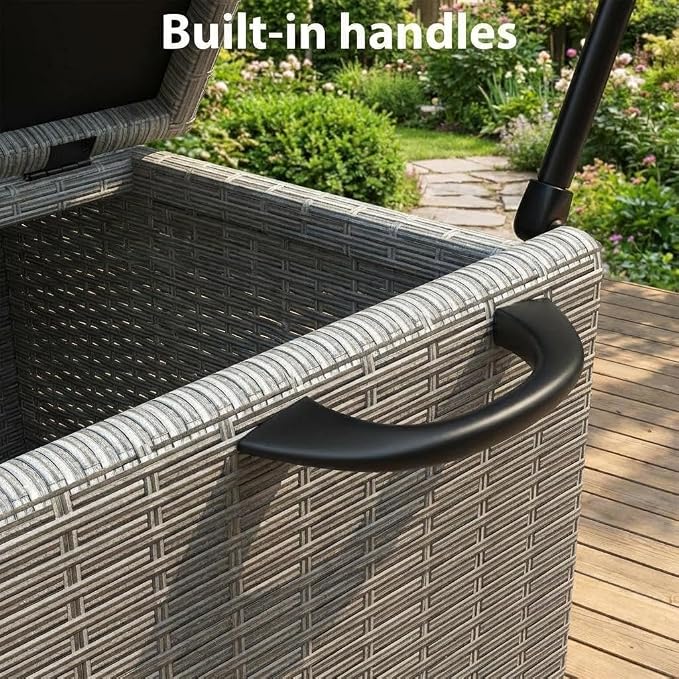 GarveeLife Outdoor Wicker Storage Box, PE Rattan Patio Storage Chest with Steel Frame, Weather-Resistant Deck Storage Box for Cushions, Garden Tools & Pool Accessories – Gray Wicker