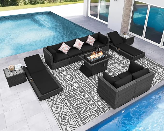 NICESOUL 11 Piece Sectional Patio Set with Loungers, Backyard Seating with Firepit, Comfy 29.3'' High-Back Deep Outdoor Couch Sofa, Heavy Duty All-Weather Wicker Furniture for Exterior, Grey & Black