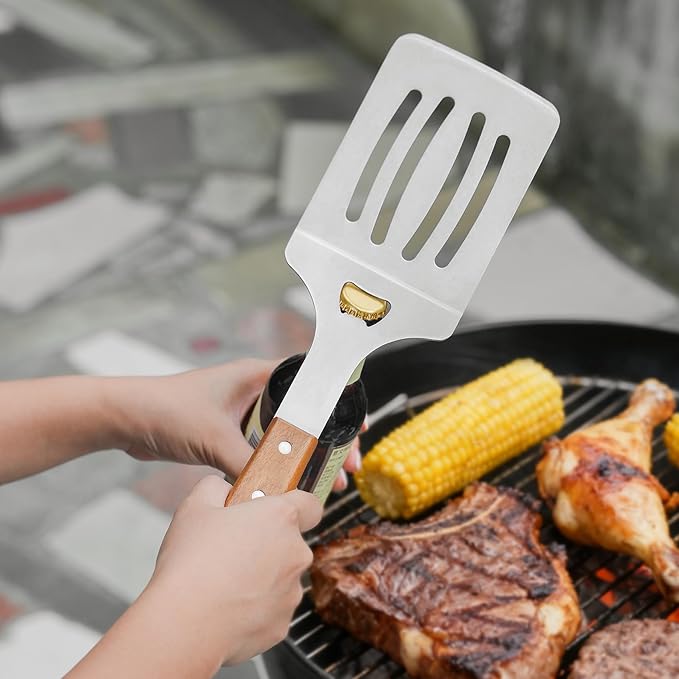 onlyfire 4PCS BBQ Tools, Stainless Steel Griddle Accessories for Outdoor Cooking Camping, Grilling Utensil Set Including Grill BBQ Spatulas, Barbecue Tong, Grill Fork and BBQ Brush