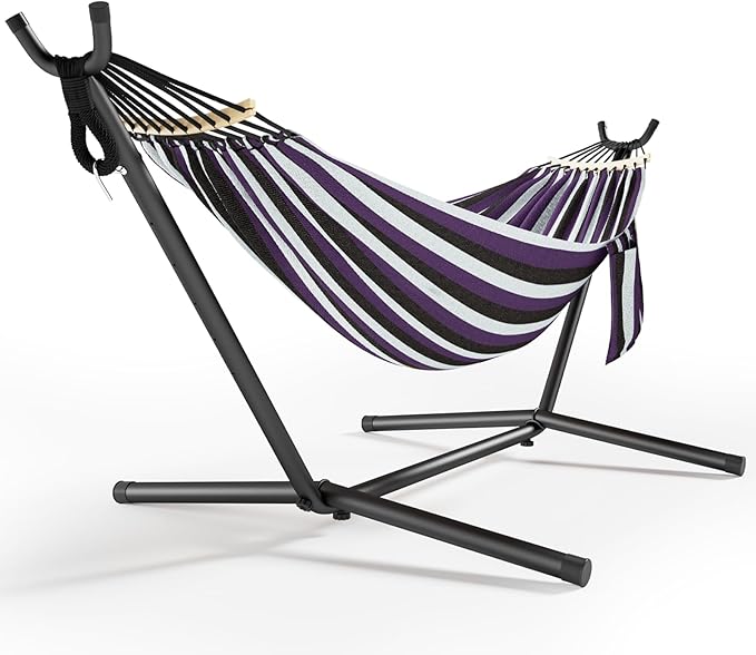 600lbs Hammock with Stand for Outside, 2 Person Portable Hammock with Side Storage, Carrying Bag, Expend Wooden Bar for Outdoor or Indoor (Purple Black)